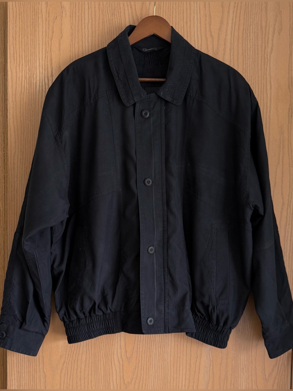 Genelli Silk Wear | Men’s Large | Vintage Washed Black Bomber Jacket Zip Button